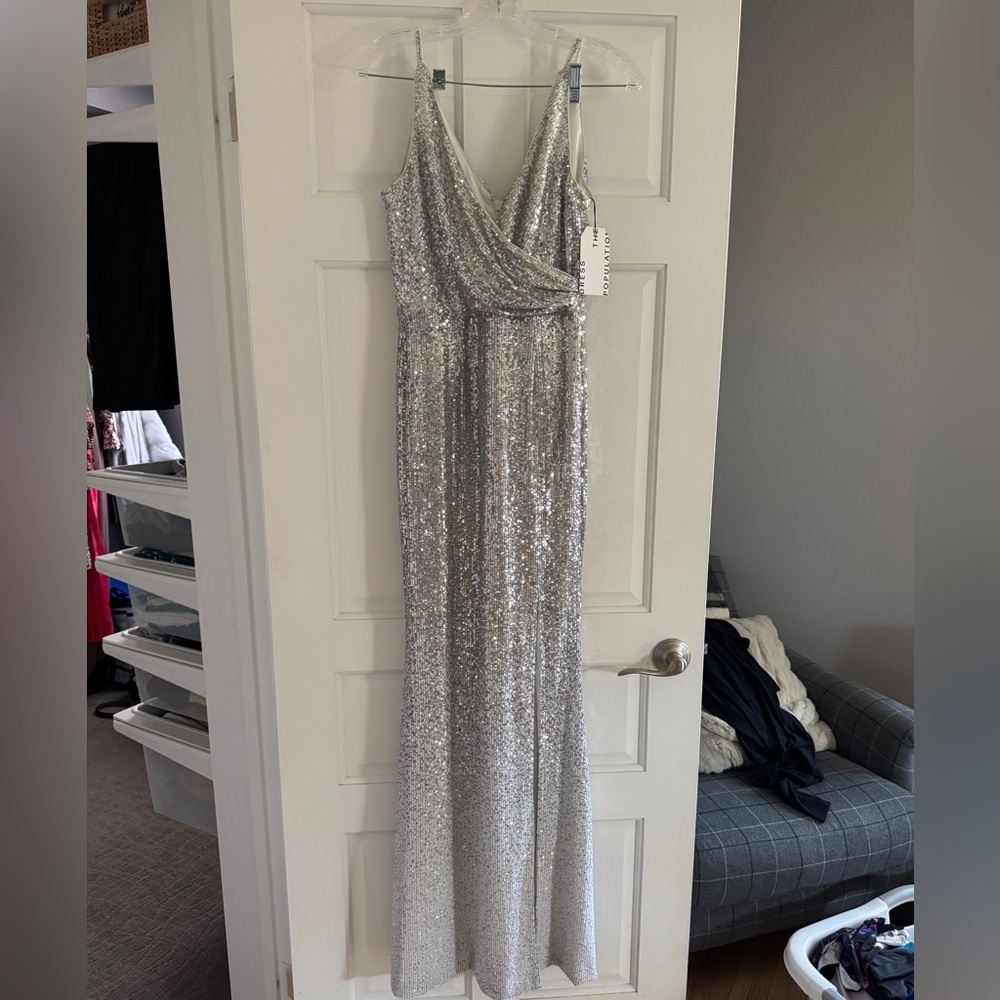 Dress the Population Silver and White Sequin Gown